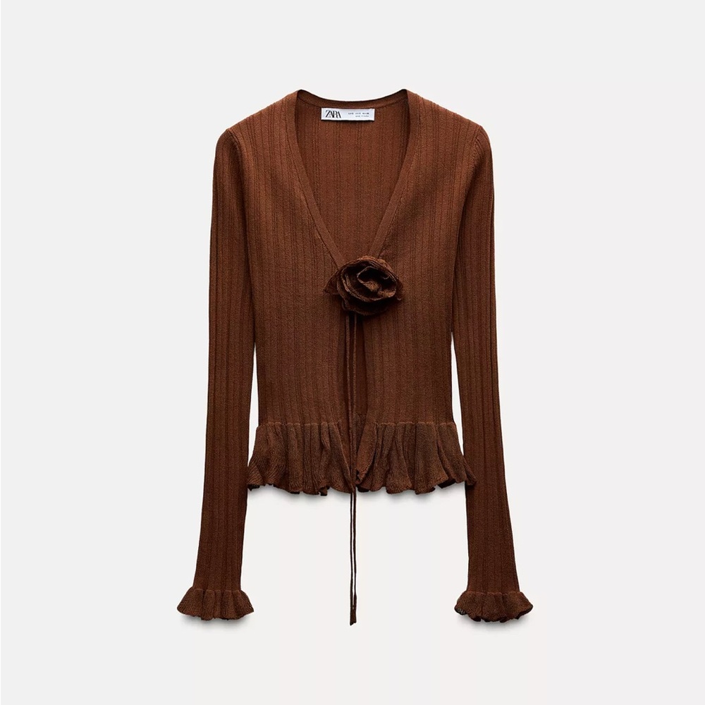 Zara Chocolate Ribbed Cardigan with Floral Detail